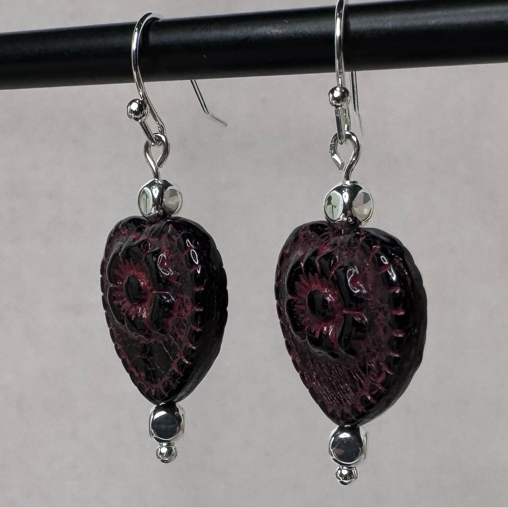 HAND CRAFTED Czech Glass Victorian Heart Earrings Purple & Silver 1 1/2” NWT - Picture 3 of 14